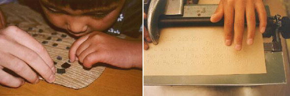 Students reading and writing Braille